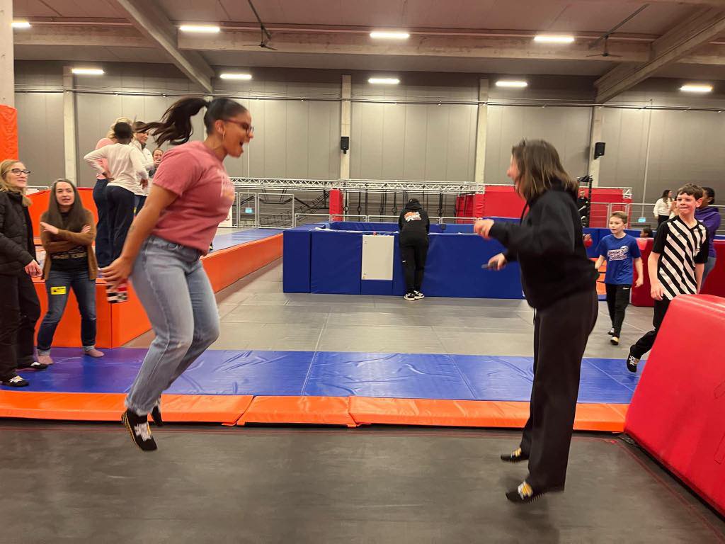 5th grade teacher jumping on trampoline